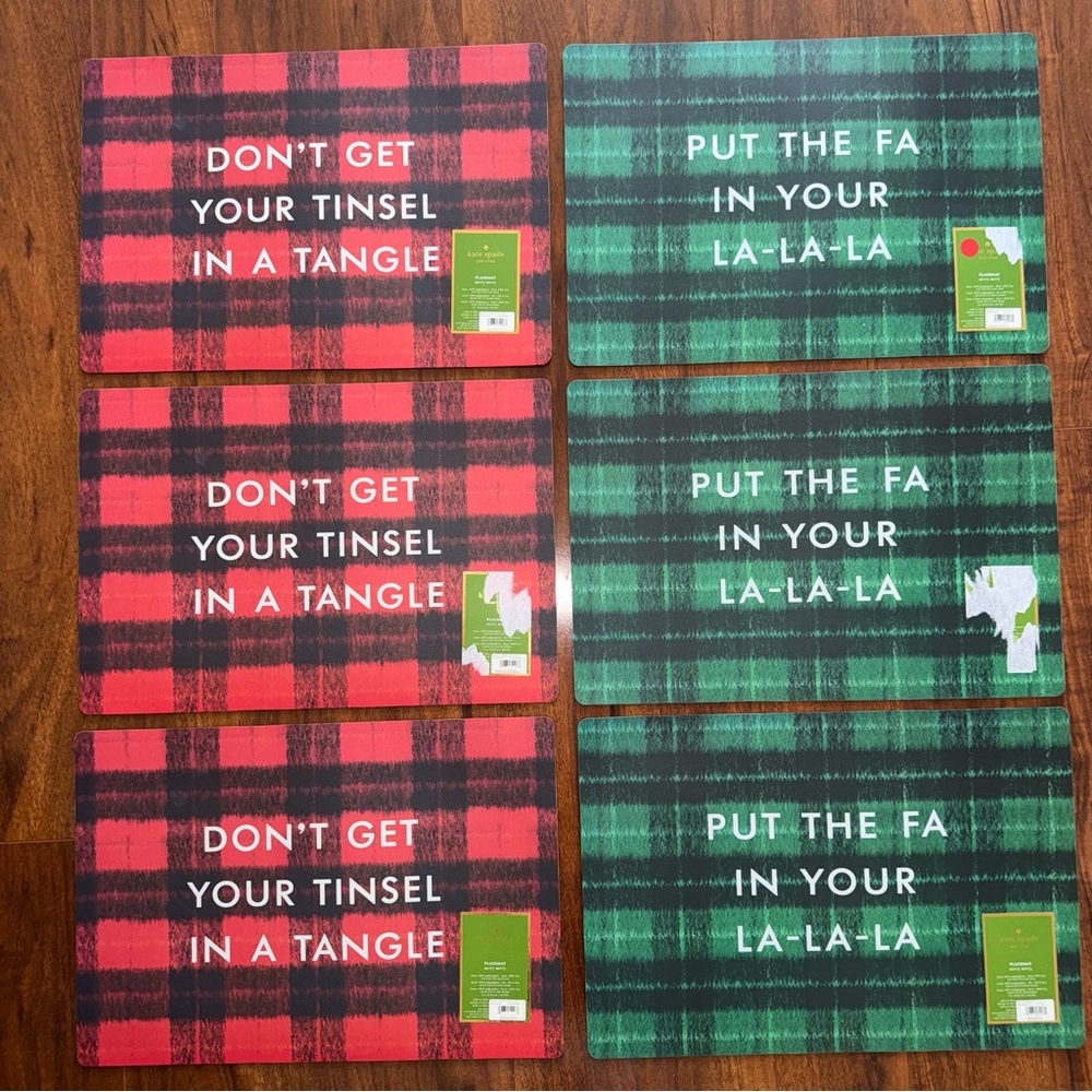 Kate Spade Merry Merry Holiday Placemats Christmas Red Green Set of 6 (13x19)